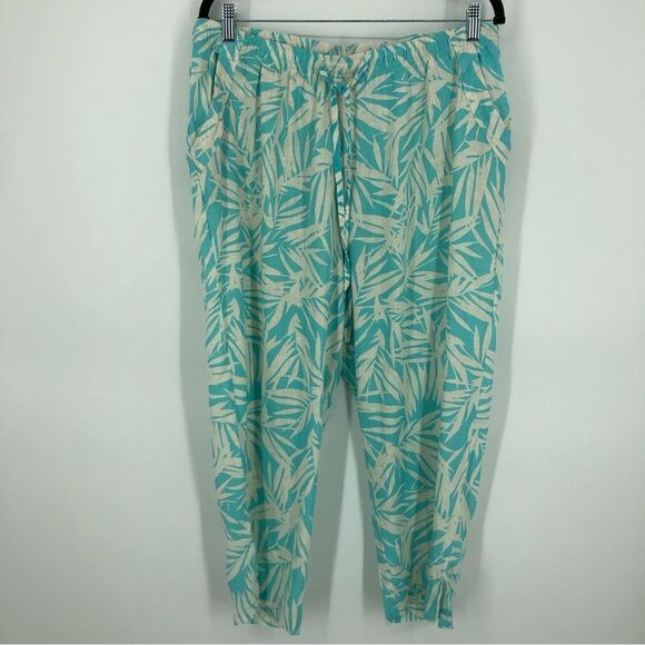 Vtg Cathy Daniels 100% Linen Pants Womens XL Cropped Pull On Leaf Print Pockets - Picture 1 of 13